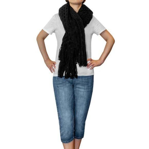 Black Honeycomb Knit Poncho with Tassels - Picture 2 of 4